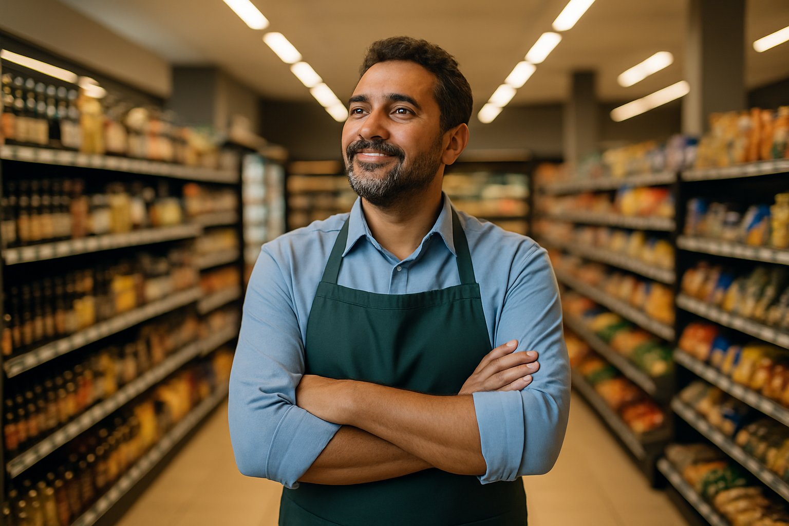 Dono de supermercado em sua loja